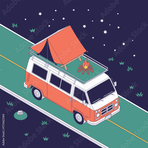 Retro Camper Van with Tent and Campfire on Roof at Night Keywords: camper van, van life, camping, road trip, travel, adventure, night, stars