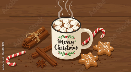 Merry Christmas mug of hot chocolate with marshmallows and gingerbread cookies with cinnamon sticks
