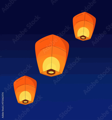 Serene night sky with glowing sky lanterns floating upwards