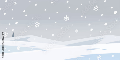 Snowy winter landscape with falling snowflakes and serene hills under a soft gray sky