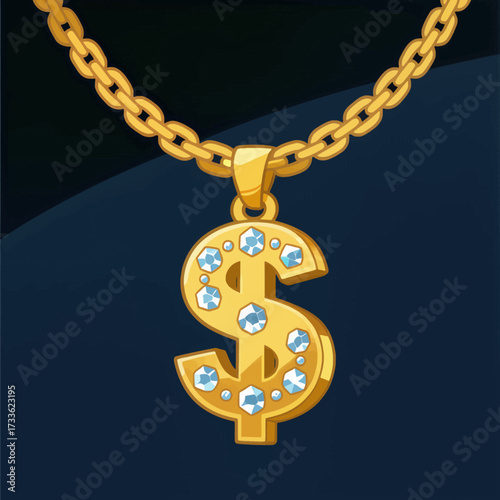 Sparkling dollar sign pendant on gold chain against dark background