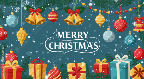 Festive holiday greeting banner with hanging Christmas decorations, ornate baubles, jingle bells, and colorful wrapped gift boxes