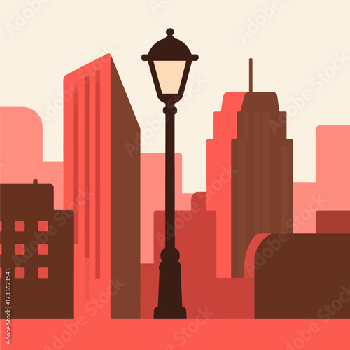 Urban skyline silhouette with vintage street lamp under warm sunset glow