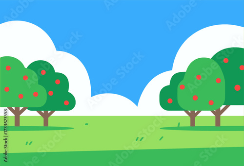 Vibrant apple orchard under clear blue sky with fluffy white clouds