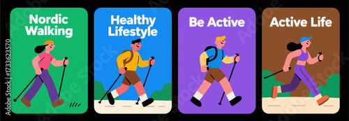 Vibrant active lifestyle illustrations with colorful characters and motivational text