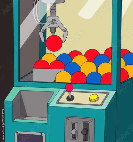 Vibrant arcade claw machine with colorful balls under bright light