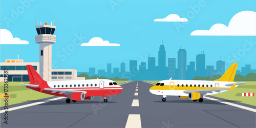 Vibrant airport scene with colorful planes and city skyline under clear blue sky