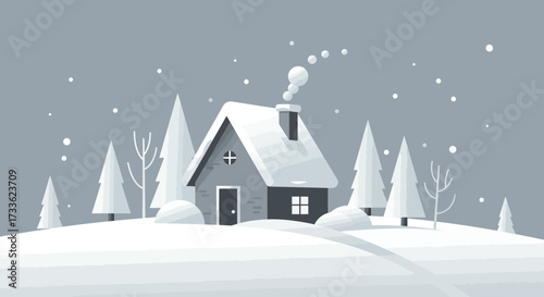 Stylized winter illustration showcasing a quaint house on a snowy hill, surrounded by minimalist trees and falling snow, creating a peaceful and serene seasonal landscape