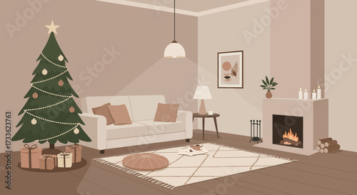 Cozy living room interior decorated for Christmas, featuring a festive tree, warm fireplace, and comfortable furnishings, creating an inviting holiday atmosphere