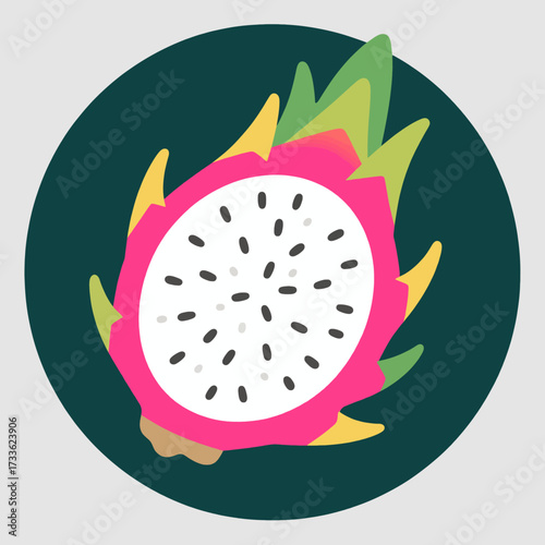 Vibrant dragon fruit slice in bold colors against dark background