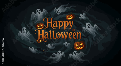 Festive ghostly gathering with glowing pumpkins in a dark, mysterious swirl, capturing the spirit of a happy holiday celebration
