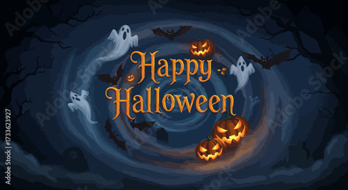 Happy Halloween Night with Ghosts, Bats, and Pumpkins