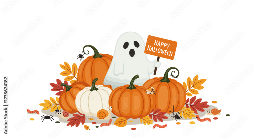 Fototapeta premium Halloween Ghost and Pumpkin Celebration with Autumn Leaves