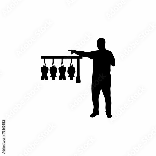 Silhouette of craft seller pointing at handmade products isolated on white background