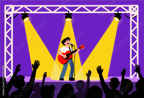 Vibrant concert scene with guitar player and cheering crowd under spotlight at night
