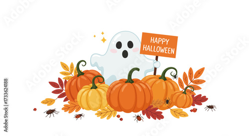 Whimsical Halloween Scene Ghost, Pumpkins, and Autumn Leaves - A Festive Illustration for the Holiday