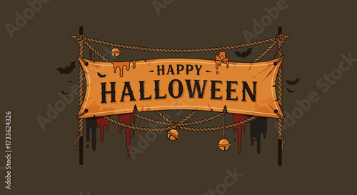 Happy Halloween Banner Festive Decoration with Spooky Elements and Bats, Perfect for the Season's Festivities