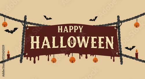 Happy Halloween banner with pumpkins, bats, and candles on a rustic background