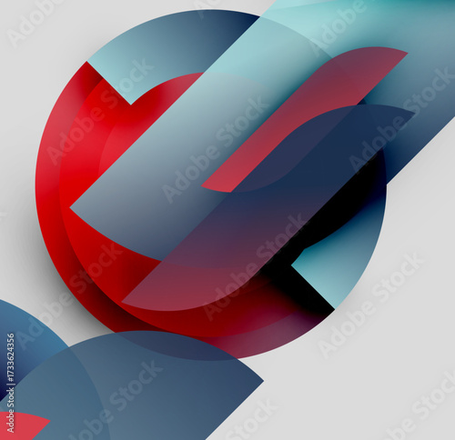 Abstract composition. Overlapping shapes create dynamic visual effect. Red, blue hues dominate design. Modern, minimalist aesthetic.