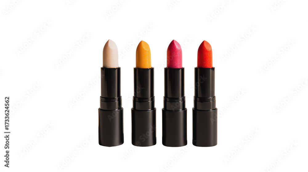 Obraz premium Minimalist lipstick set in vibrant shades displayed on a clean isolated on a Transparent background, PNG file.