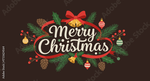 Festive Christmas Greeting with Bells, Ribbons, and Evergreen Branches on Dark Background