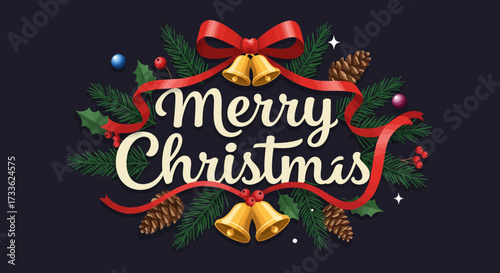 Festive Merry Christmas illustration featuring a red ribbon, jingle bells, pine cones, and pine needles on a dark background, perfect for holiday greetings and designs