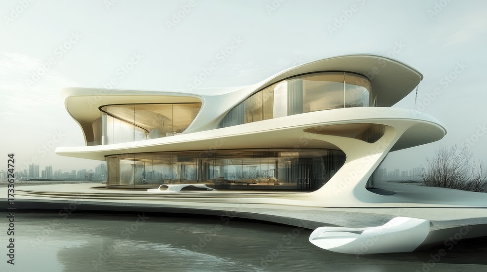 Fototapeta premium Futuristic Waterfront Mansion: Architectural Design