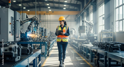 Chief Technical Officer Working at Metal Components Production Factory. Young Middle Eastern Specialist Walking in the Facility, Using Tablet Computer to Monitor the Manufacturing Process