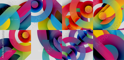 Colorful abstract designs. Overlapping circles create dynamic compositions. Gradient hues blend smoothly, forming vibrant patterns. Modern aesthetic.