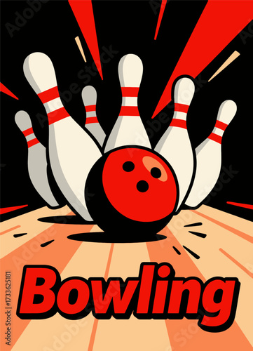 Vibrant retro bowling alley poster with dynamic red and black design