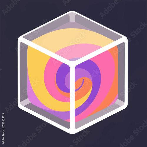 Vibrant spiral within cube against dark background