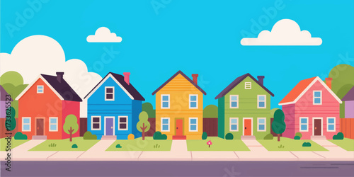 Vibrant suburban neighborhood with colorful houses under clear blue sky