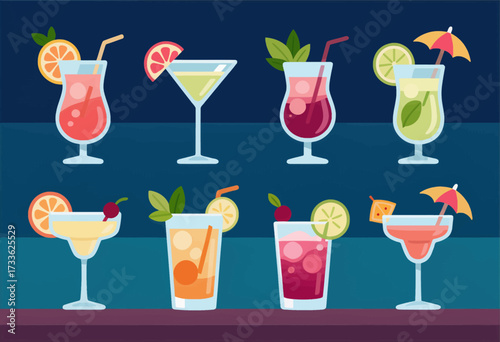 Vibrant summer cocktails with citrus accents and umbrellas on a dark background