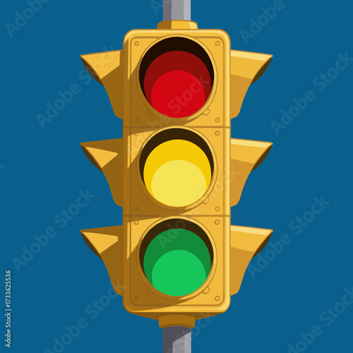 Vibrant traffic light illustration with bold colors and clean lines against a deep blue background