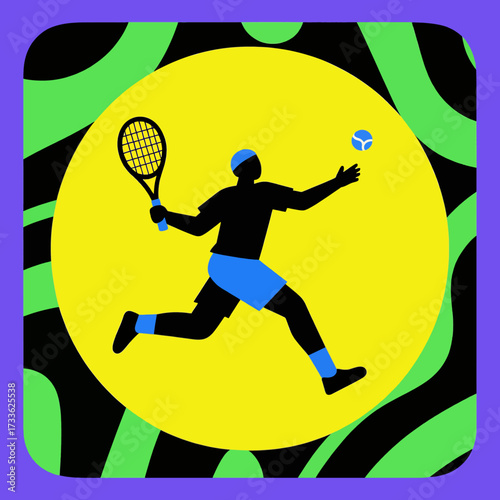 Vibrant tennis player silhouette in action against bold geometric background