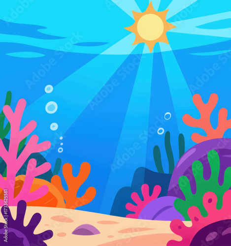 Vibrant underwater scene with colorful corals and sun rays through blue water