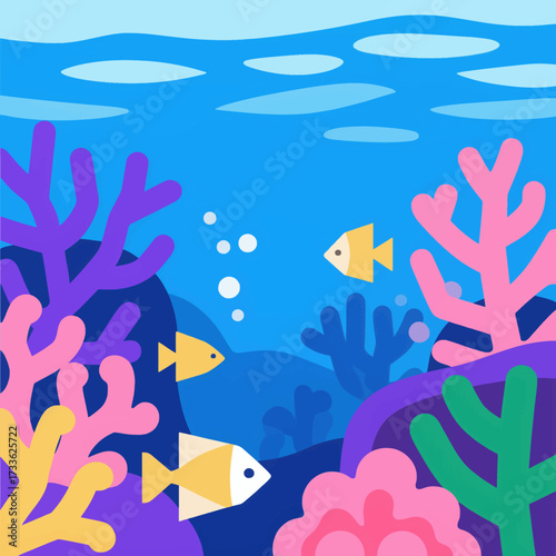 Vibrant underwater world with colorful fish and coral reefs under bright blue sky