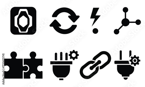 Technology and api vector icon set, 8 vector glyph icons for connectivity and integration, plugin and network graphics png for web