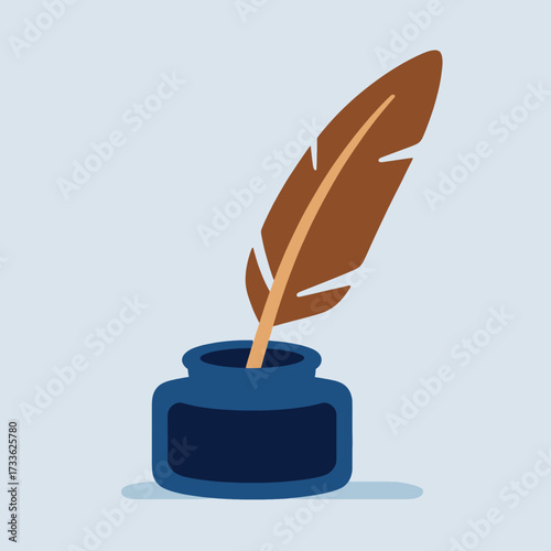 Vintage quill in inkwell against soft blue background