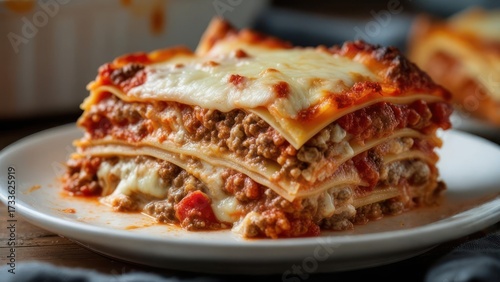 A cheesy, meaty lasagna slice on a plate