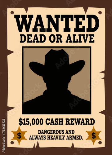 Western bounty hunter silhouette wanted poster with $15,000 reward
