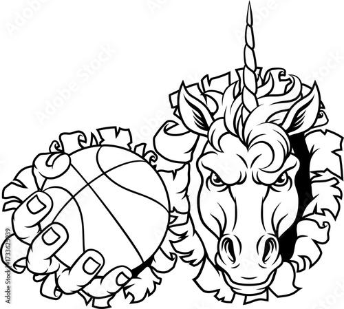 Unicorn horse stallion basketball angry sports team mascot holding a ball.
