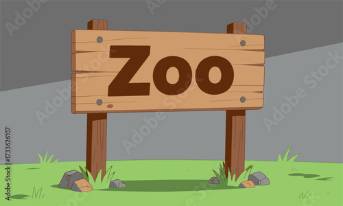 Wooden zoo sign in grassy field under overcast sky