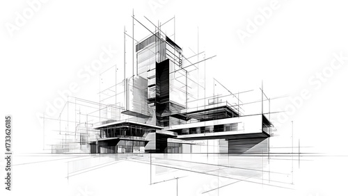 Abstract architectural concept rendering of a contemporary high-rise building, showcasing intricate lines and a futuristic structural design, symbolizing modern urban development