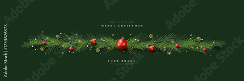 Merry Christmas and happy new year sale banner template with pine garland red baubles and festive lights on dark green background for holiday greeting card, social media, greetings, and promotion.