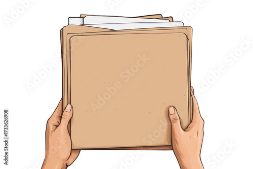 Hands holding a cardboard box with documents isolated on transparent background. Hand holding manila file folders isolated on white background.
