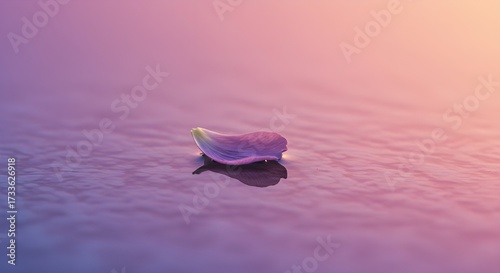 Delicate flower petal floating on a reflective surface, reflecting an intricate ethereal pastel gradient. Extreme soft focus creates a dreamy, serene abstract composition with cinematic close-up an...