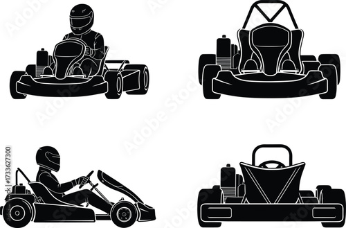 Go-kart silhouette vector, front, rear, side view, racing driver, helmet, black icon, motorsport illustration, isolated graphic, editable design, set