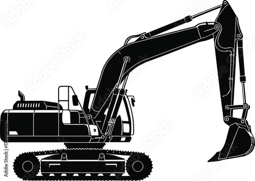 Hydraulic excavator silhouette, construction equipment vector, heavy machinery illustration, tracked digger arm, industrial site tool, earth-moving vehicle graphic, engineering concept