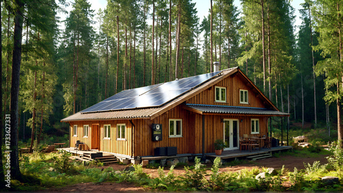 Serene wooden cabin nestled deep within a sun-drenched pine forest, boasting modern solar panels on its roof for sustainable living.